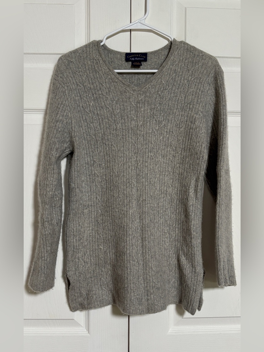 Charter Club 100% 2-Ply Cashmere Cable Knit V-Neck Sweater Gray Size S